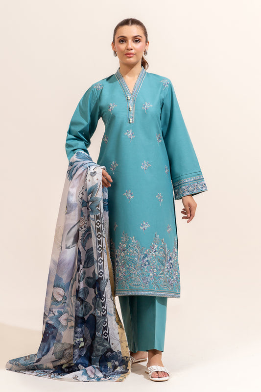 3 PIECE EMBROIDERED LAWN SUIT-CERULEAN PINE (UNSTITCHED)