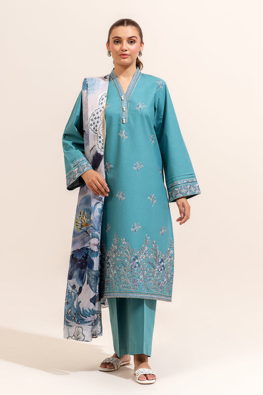 3 PIECE EMBROIDERED LAWN SUIT-CERULEAN PINE (UNSTITCHED)