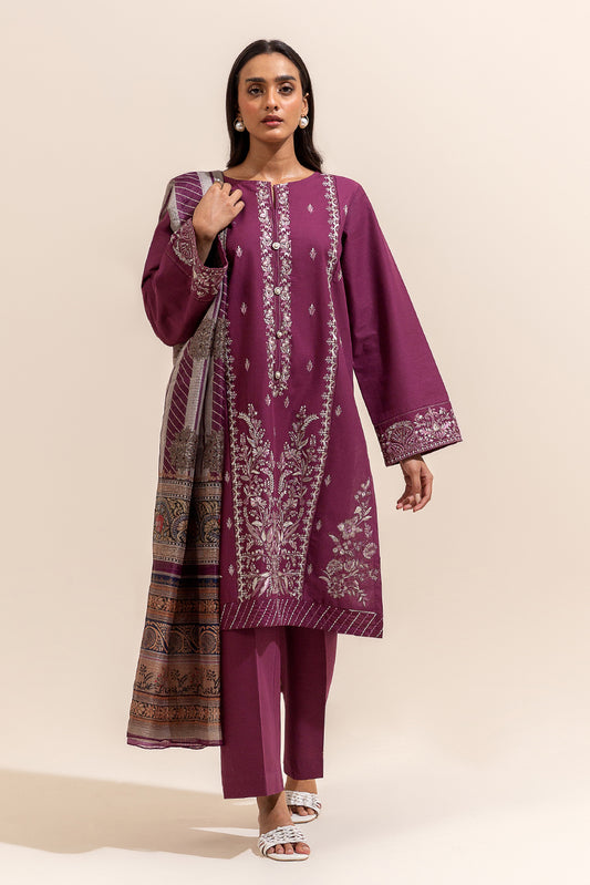 3 PIECE EMBROIDERED LAWN SUIT-PLUM GLAM (UNSTITCHED)