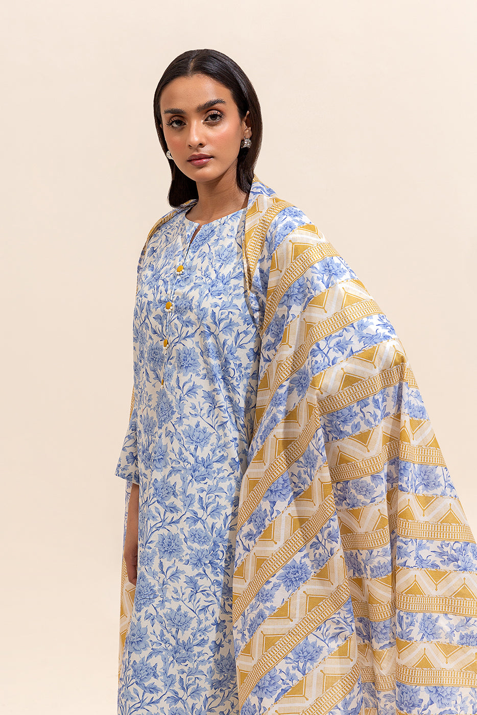 3 PIECE PRINTED LAWN SUIT-BLUE HUE ( UNSTITCHED)