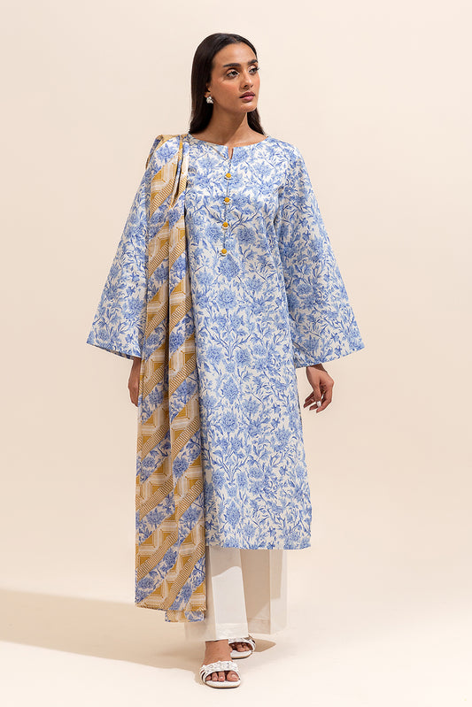 3 PIECE PRINTED LAWN SUIT-BLUE HUE ( UNSTITCHED)