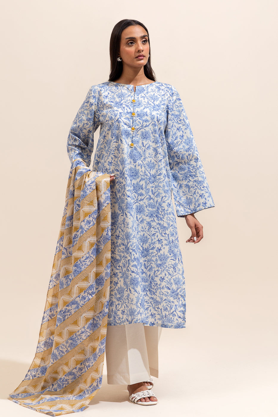 3 PIECE PRINTED LAWN SUIT-BLUE HUE ( UNSTITCHED)