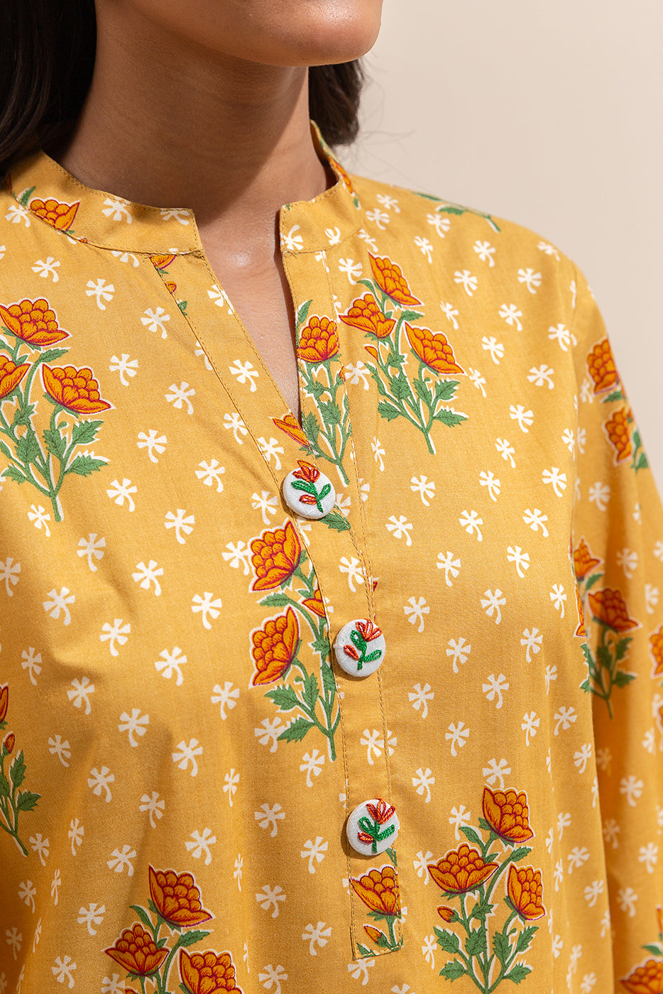 2 PIECE PRINTED LAWN SUIT-MUSTARD VINES (UNSTITCHED)