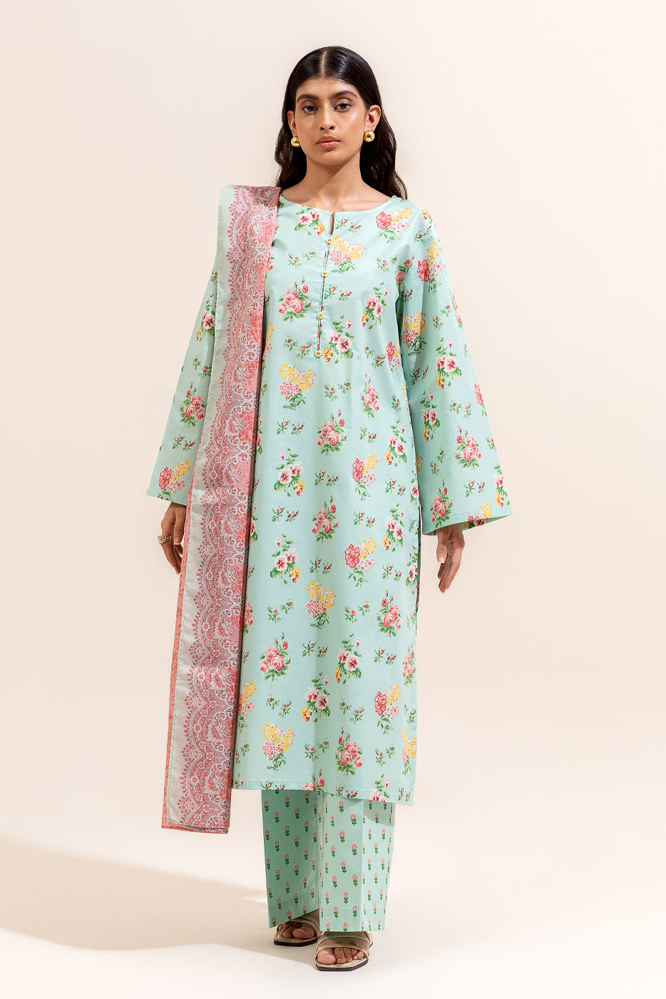 3 PIECE PRINTED LAWN SUIT-PISTACHIO TALE (UNSTITCHED)