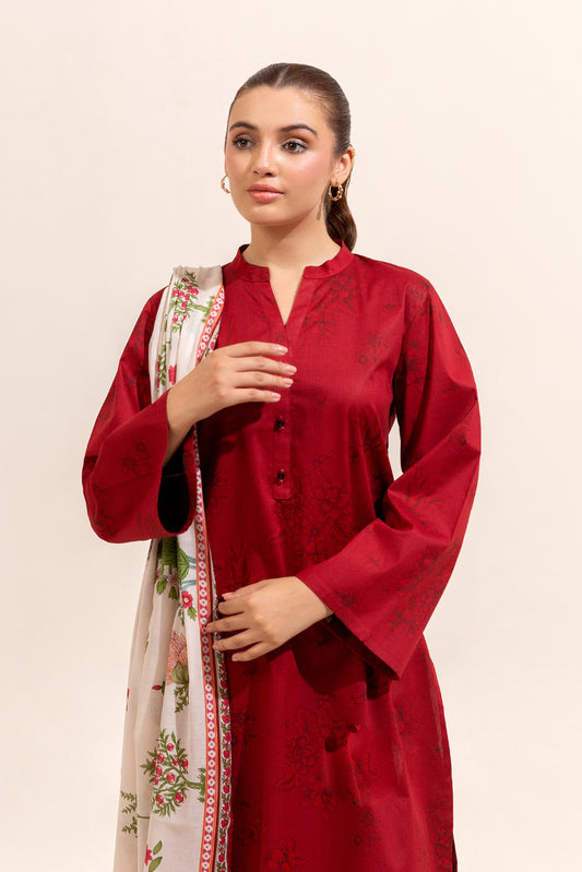 3 PIECE PRINTED LAWN SUIT-RUBY QUARTZ (UNSTITCHED)