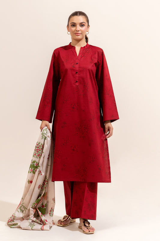 3 PIECE PRINTED LAWN SUIT-RUBY QUARTZ (UNSTITCHED)