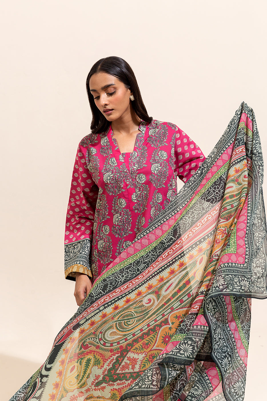 3 PIECE PRINTED LAWN SUIT-CERISE MESH ( UNSTITCHED)