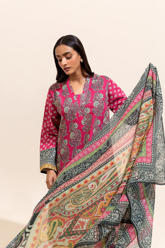 3 PIECE PRINTED LAWN SUIT-CERISE MESH ( UNSTITCHED)