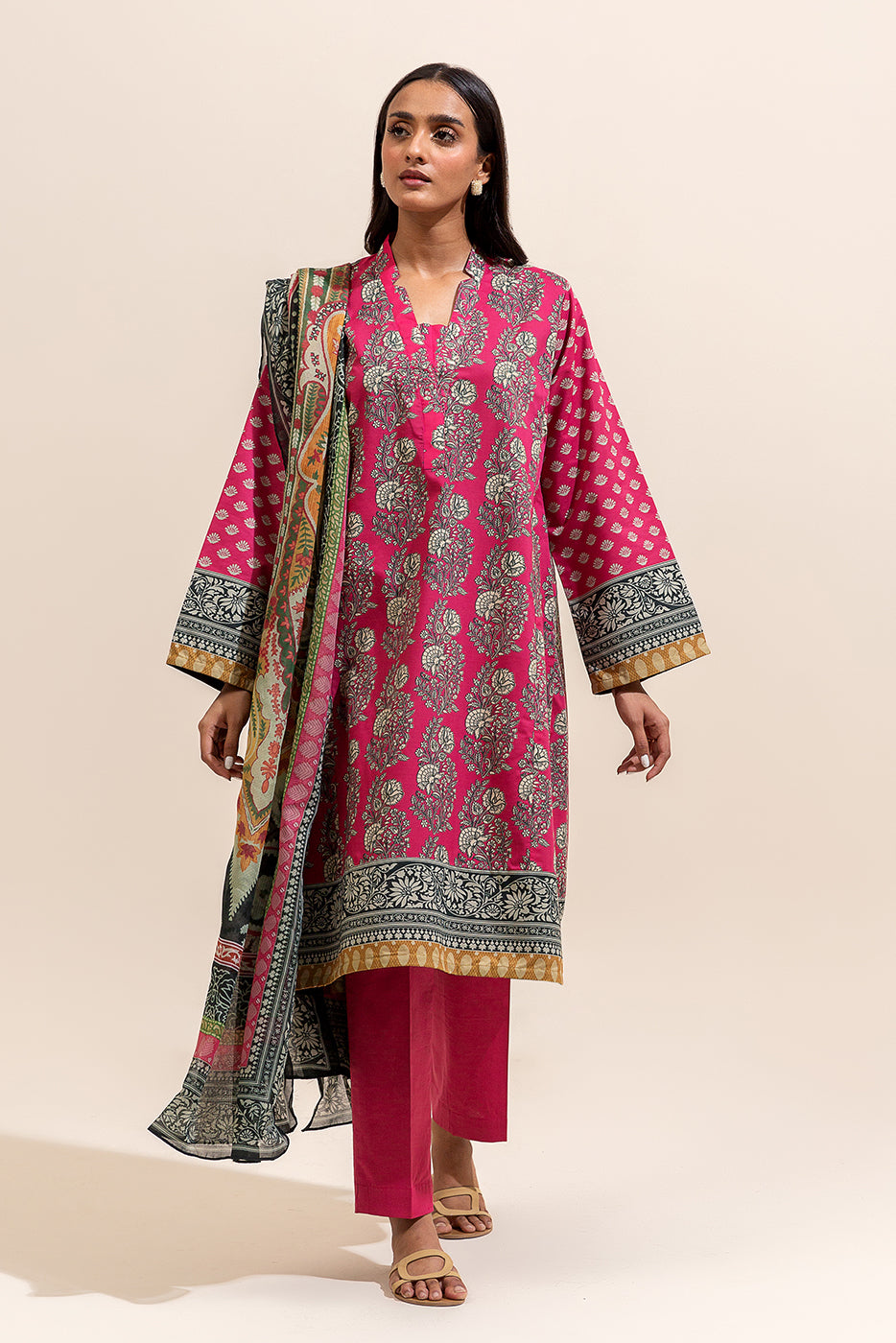 3 PIECE PRINTED LAWN SUIT-CERISE MESH ( UNSTITCHED)