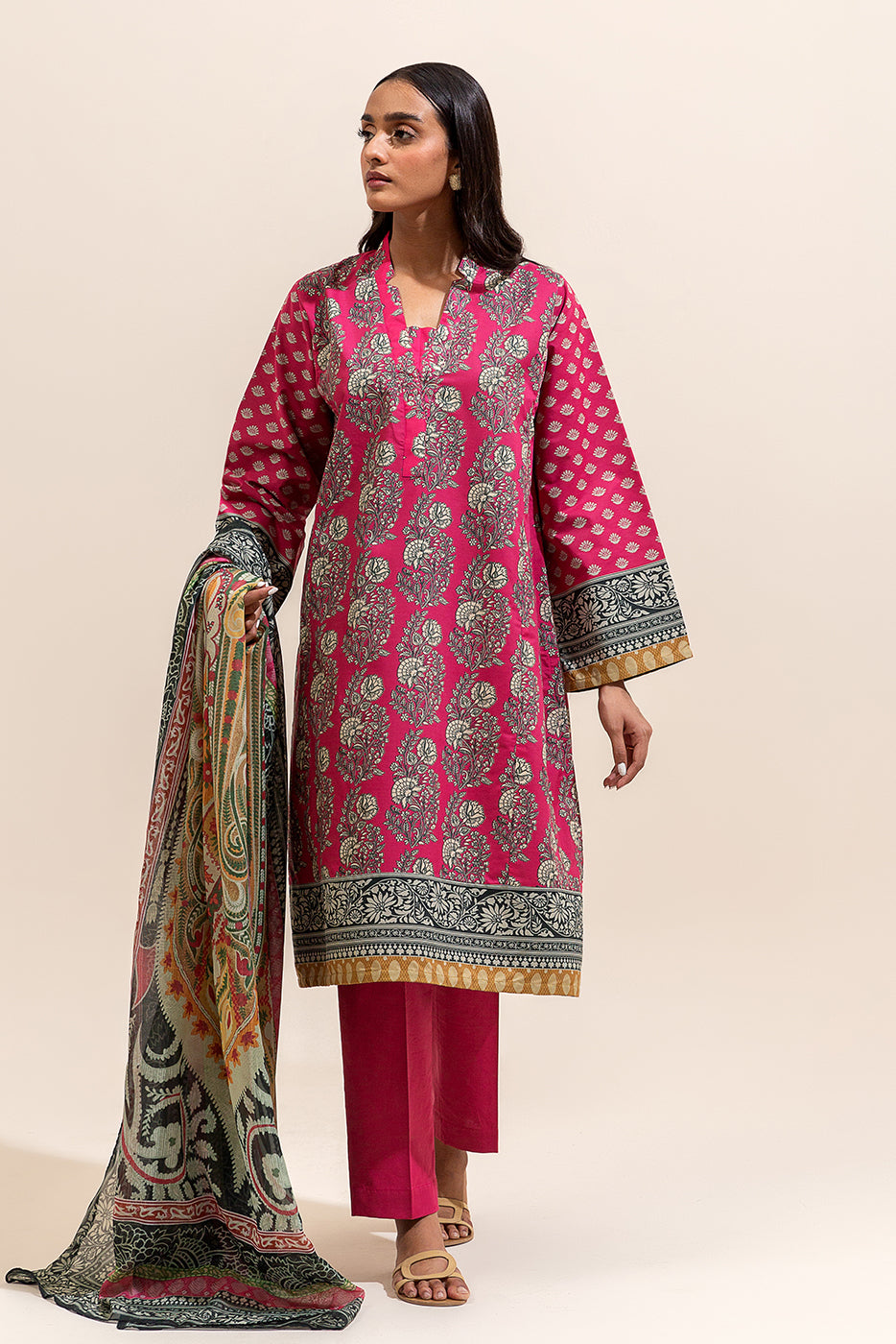 3 PIECE PRINTED LAWN SUIT-CERISE MESH ( UNSTITCHED)