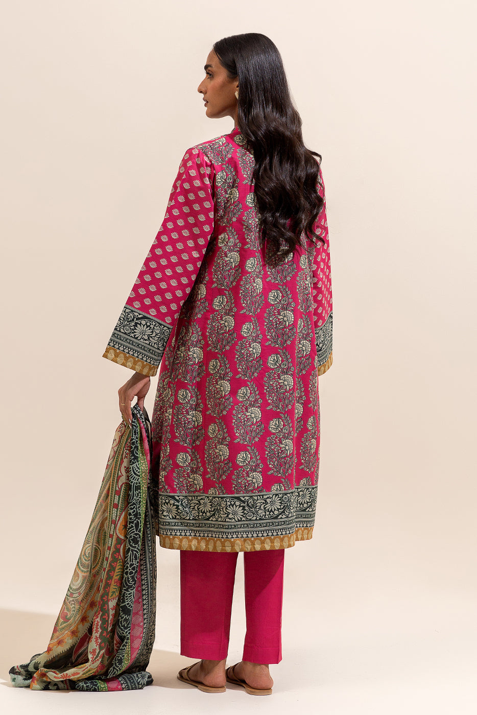 3 PIECE PRINTED LAWN SUIT-CERISE MESH ( UNSTITCHED)