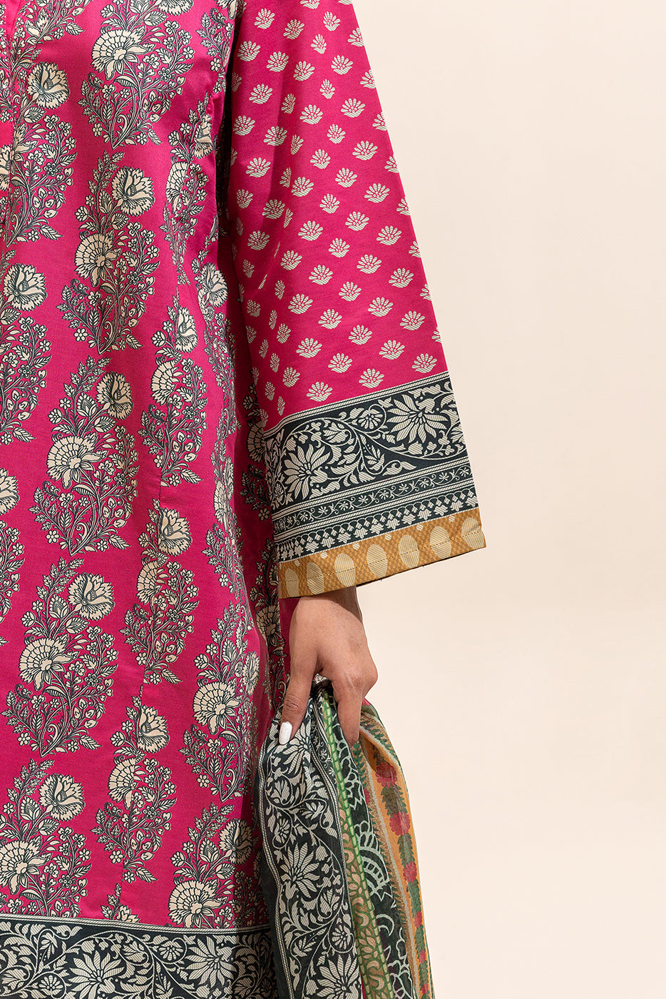 3 PIECE PRINTED LAWN SUIT-CERISE MESH ( UNSTITCHED)