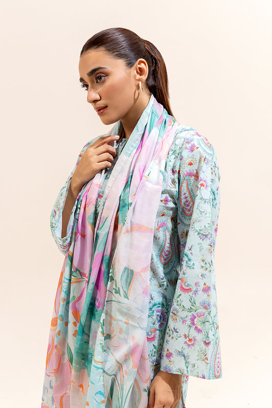 3 PIECE PRINTED LAWN SUIT-POWDER BLUE (UNSTITCHED)