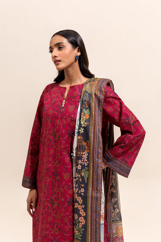 3 PIECE PRINTED LAWN SUIT-GARNET SMOKE ( UNSTITCHED)
