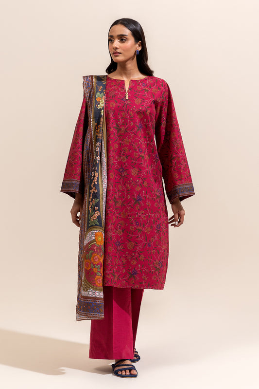 3 PIECE PRINTED LAWN SUIT-GARNET SMOKE ( UNSTITCHED)