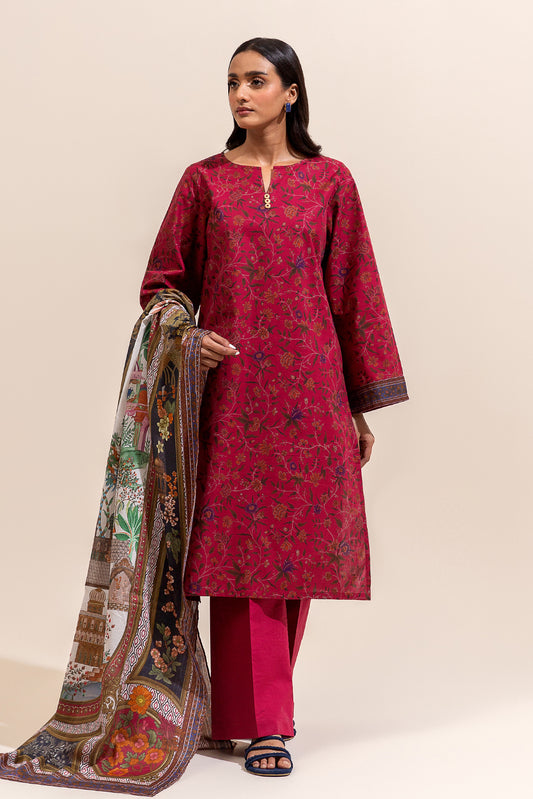 3 PIECE PRINTED LAWN SUIT-GARNET SMOKE ( UNSTITCHED)