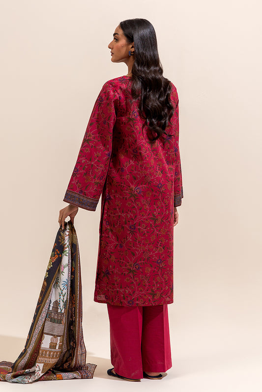 3 PIECE PRINTED LAWN SUIT-GARNET SMOKE ( UNSTITCHED)