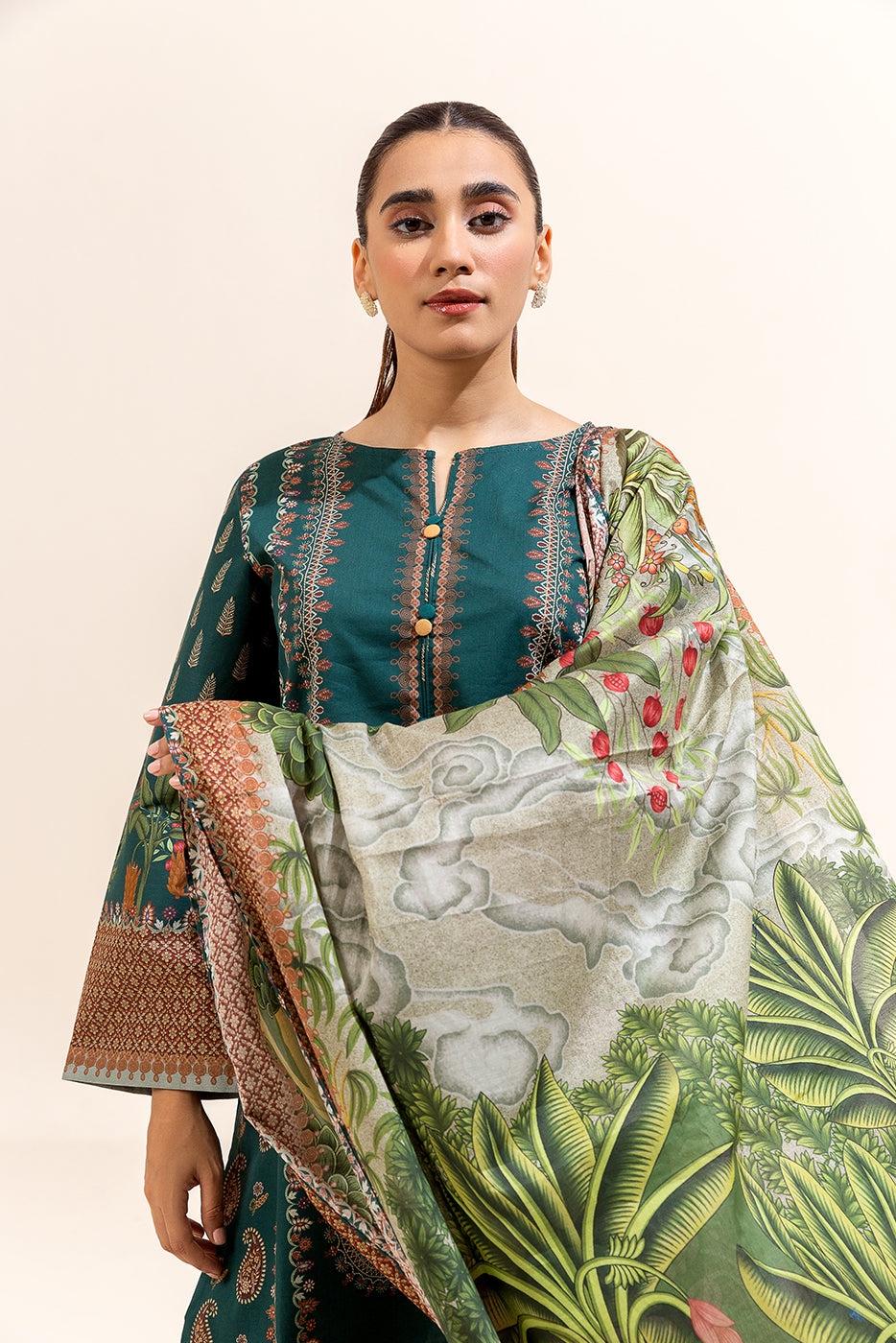 3 PIECE PRINTED LAWN SUIT-TEAL TROPICA (UNSTITCHED)