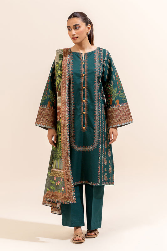 3 PIECE PRINTED LAWN SUIT-TEAL TROPICA (UNSTITCHED)