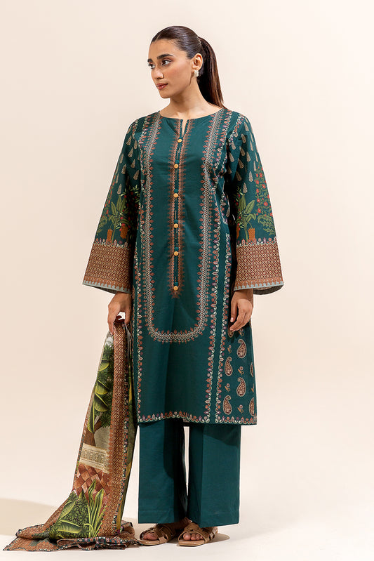 3 PIECE PRINTED LAWN SUIT-TEAL TROPICA (UNSTITCHED)