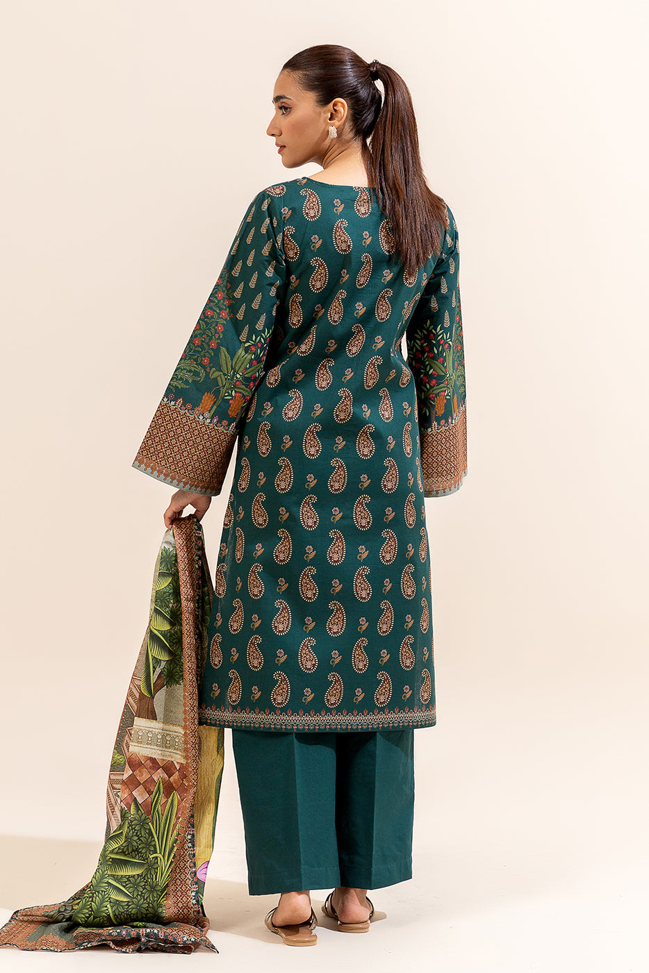 3 PIECE PRINTED LAWN SUIT-TEAL TROPICA (UNSTITCHED)