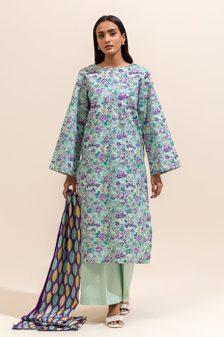 3 PIECE PRINTED LAWN SUIT-PALE GARDENIA ( UNSTITCHED)