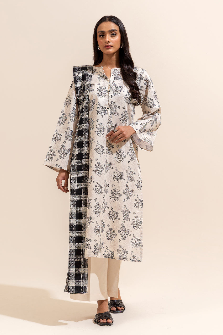 3 PIECE PRINTED LAWN SUIT-RAVEN  BEIGE (UNSTITCHED)