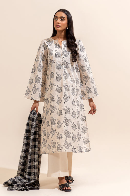 3 PIECE PRINTED LAWN SUIT-RAVEN  BEIGE (UNSTITCHED)