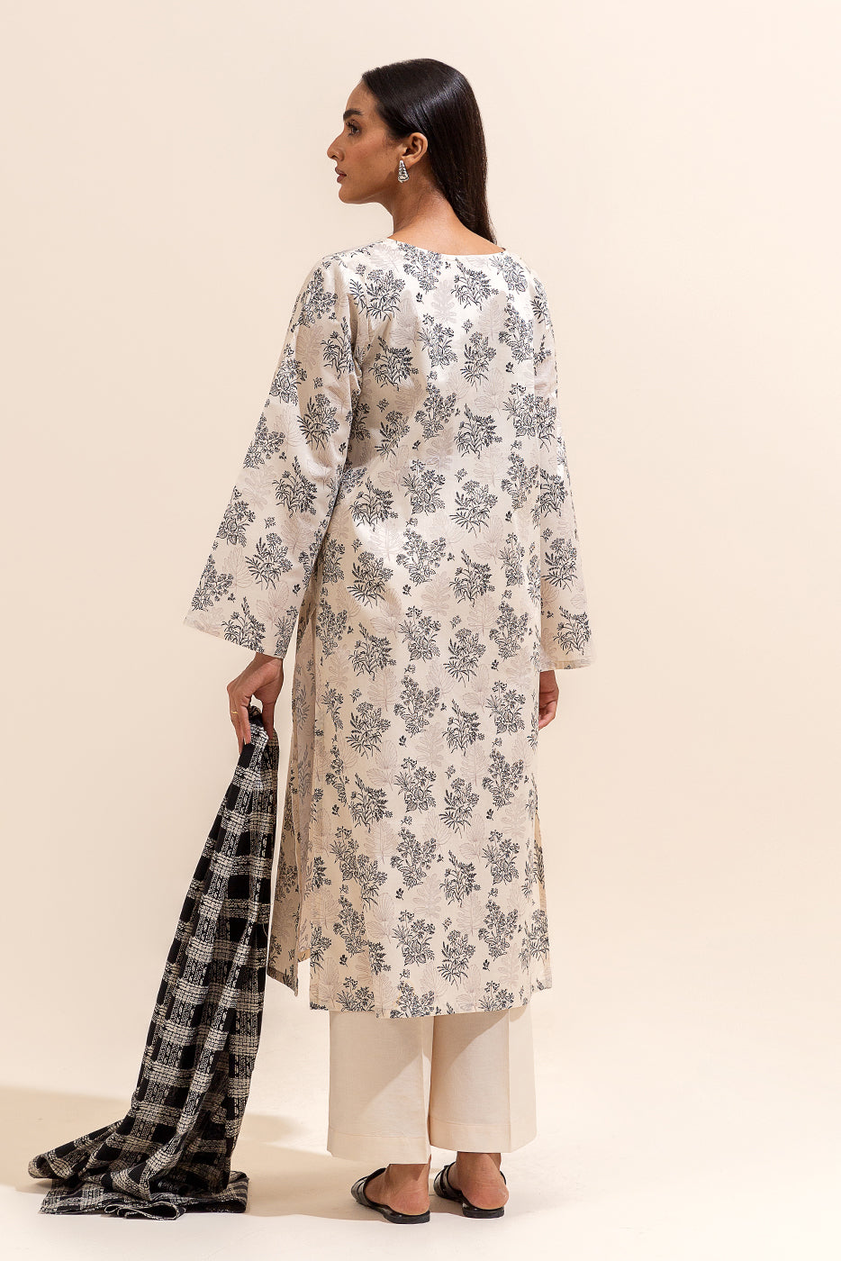 3 PIECE PRINTED LAWN SUIT-RAVEN  BEIGE (UNSTITCHED)