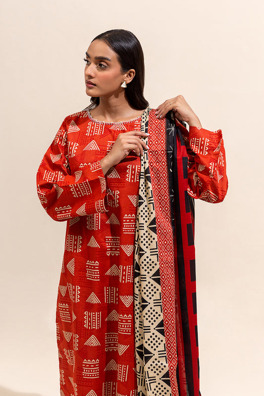 3 PIECE PRINTED LAWN SUIT-SCARLET GRID ( UNSTITCHED)