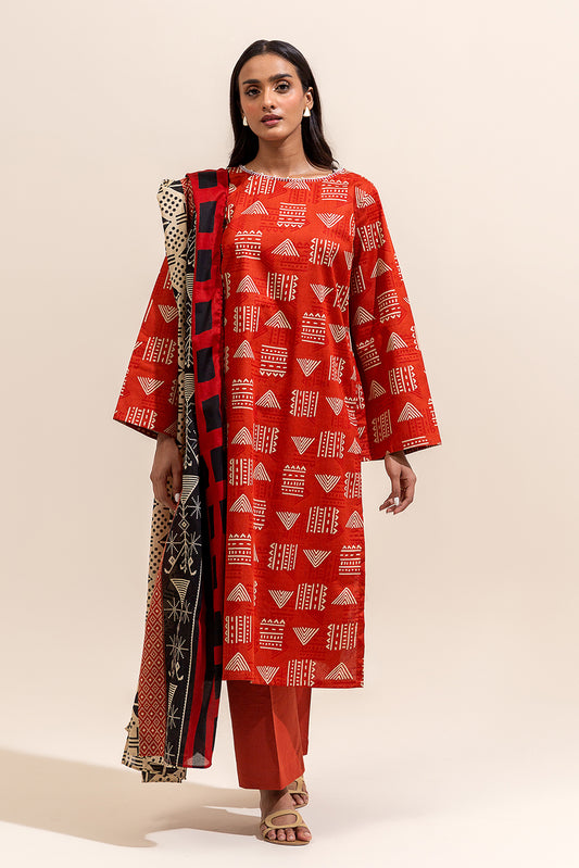 3 PIECE PRINTED LAWN SUIT-SCARLET GRID ( UNSTITCHED)