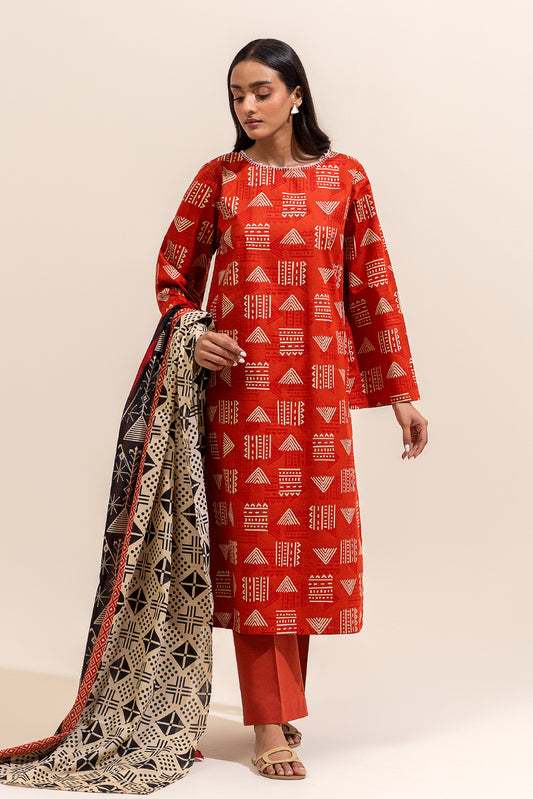 3 PIECE PRINTED LAWN SUIT-SCARLET GRID ( UNSTITCHED)