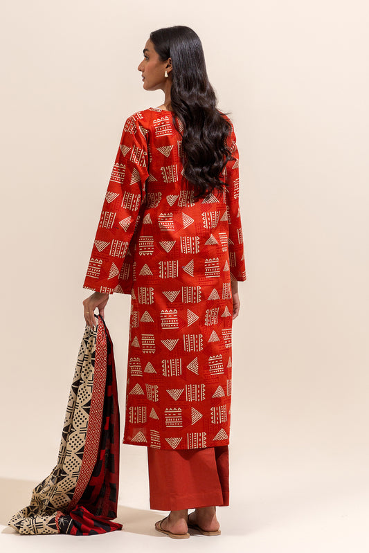 3 PIECE PRINTED LAWN SUIT-SCARLET GRID ( UNSTITCHED)