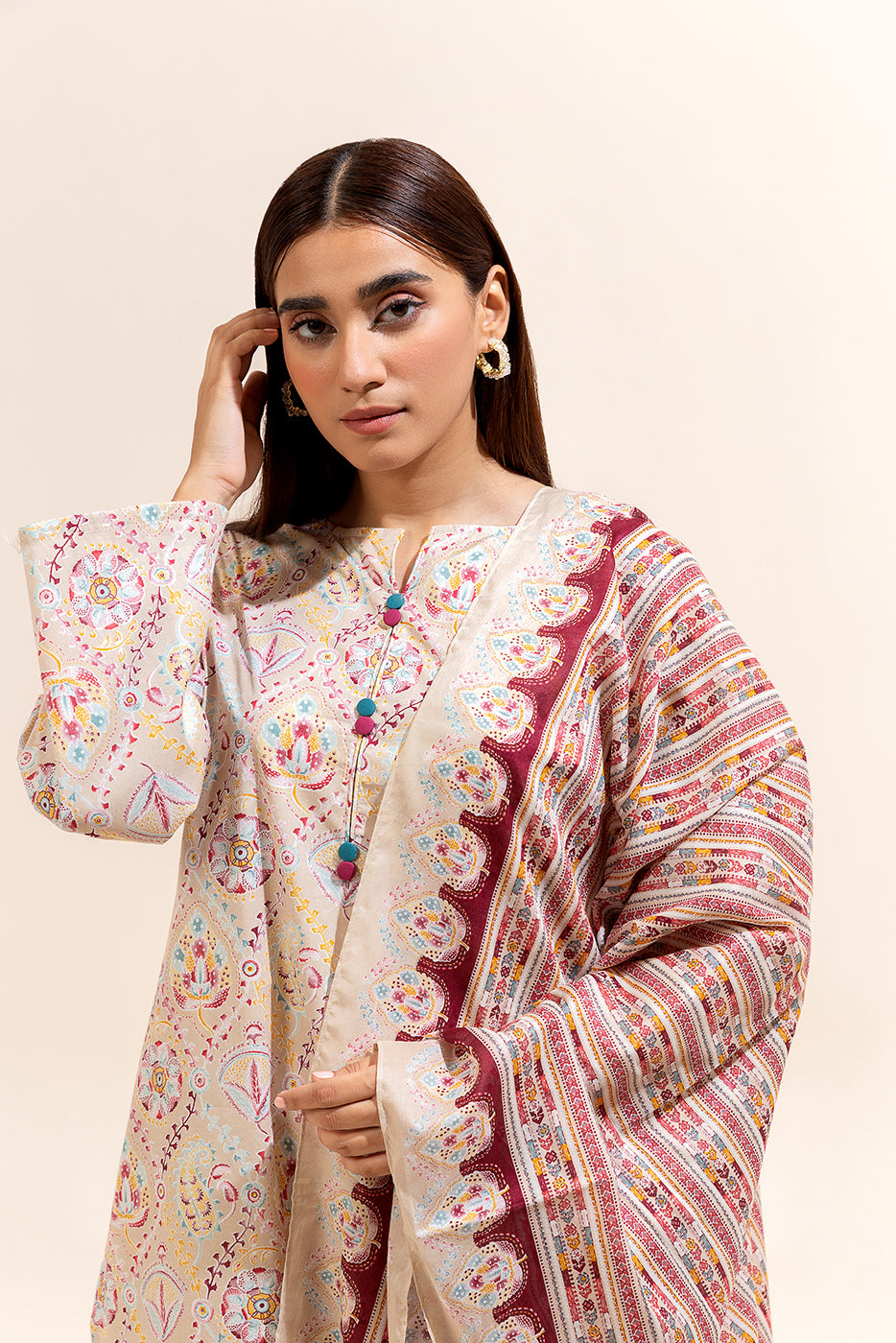 3 PIECE PRINTED LAWN SUIT-IVORY MUSK (UNSTITCHED)