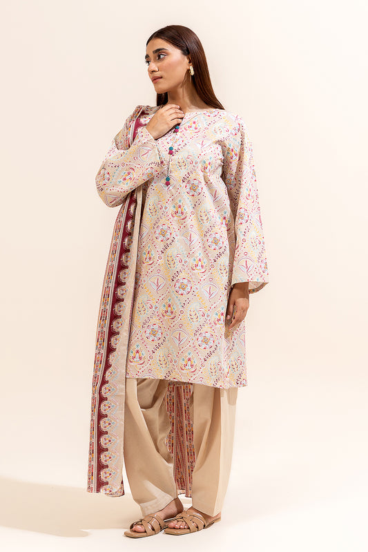 3 PIECE PRINTED LAWN SUIT-IVORY MUSK (UNSTITCHED)