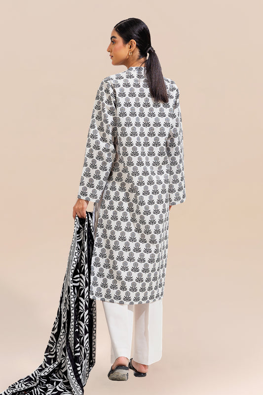 3 PIECE PRINTED LAWN SUIT-IVORY IRON ( UNSTITCHED)