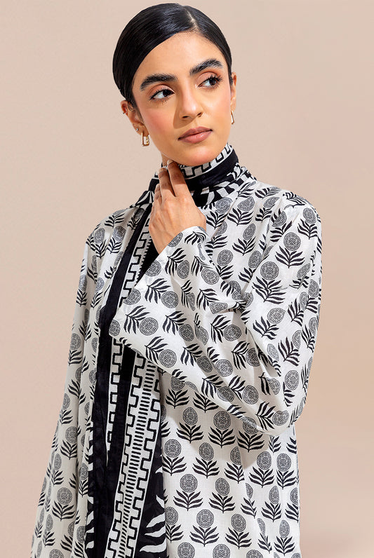 3 PIECE PRINTED LAWN SUIT-IVORY IRON ( UNSTITCHED)