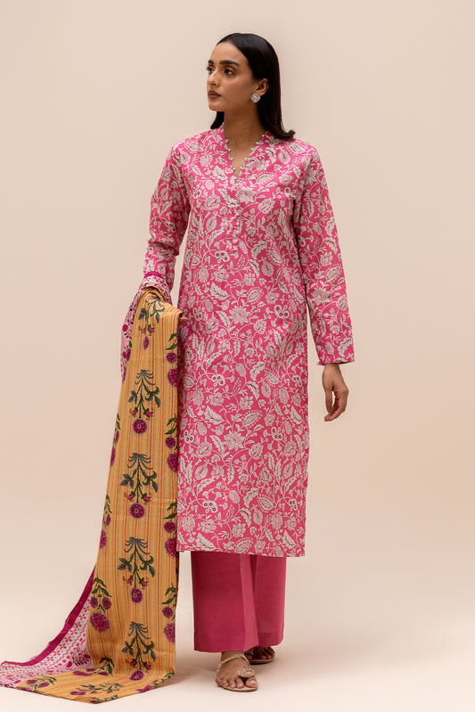 3 PIECE PRINTED LAWN SUIT-PINK BLISS (UNSTITCHED)