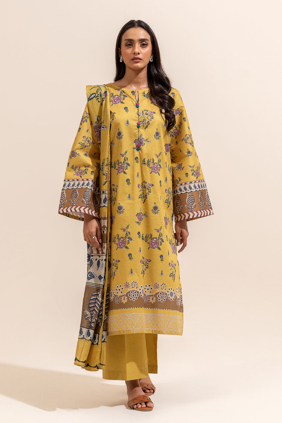 3 PIECE PRINTED LAWN SUIT-YELLOW FERN (UNSTITCHED)