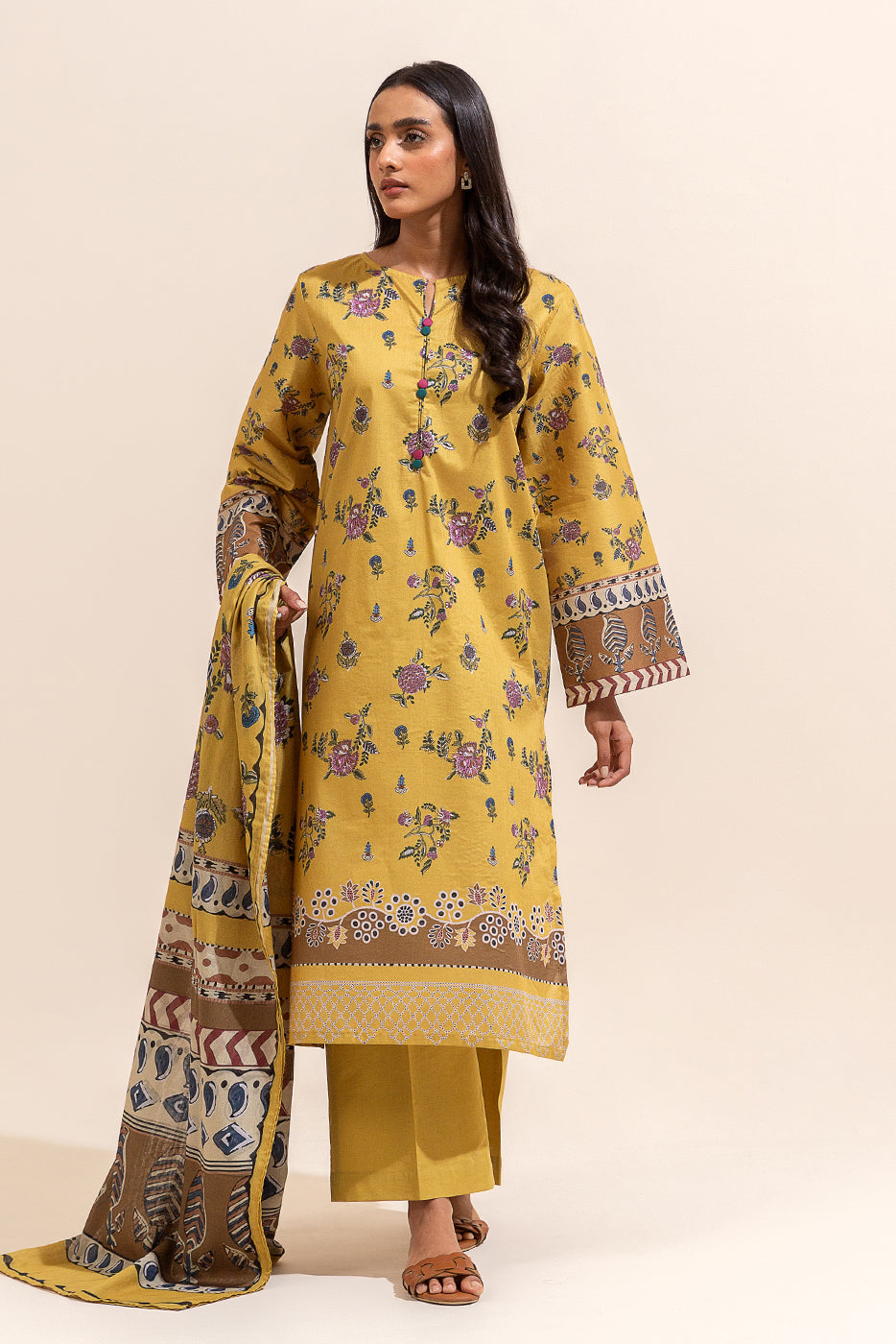 3 PIECE PRINTED LAWN SUIT-YELLOW FERN (UNSTITCHED)