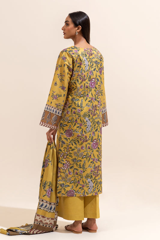 3 PIECE PRINTED LAWN SUIT-YELLOW FERN (UNSTITCHED)