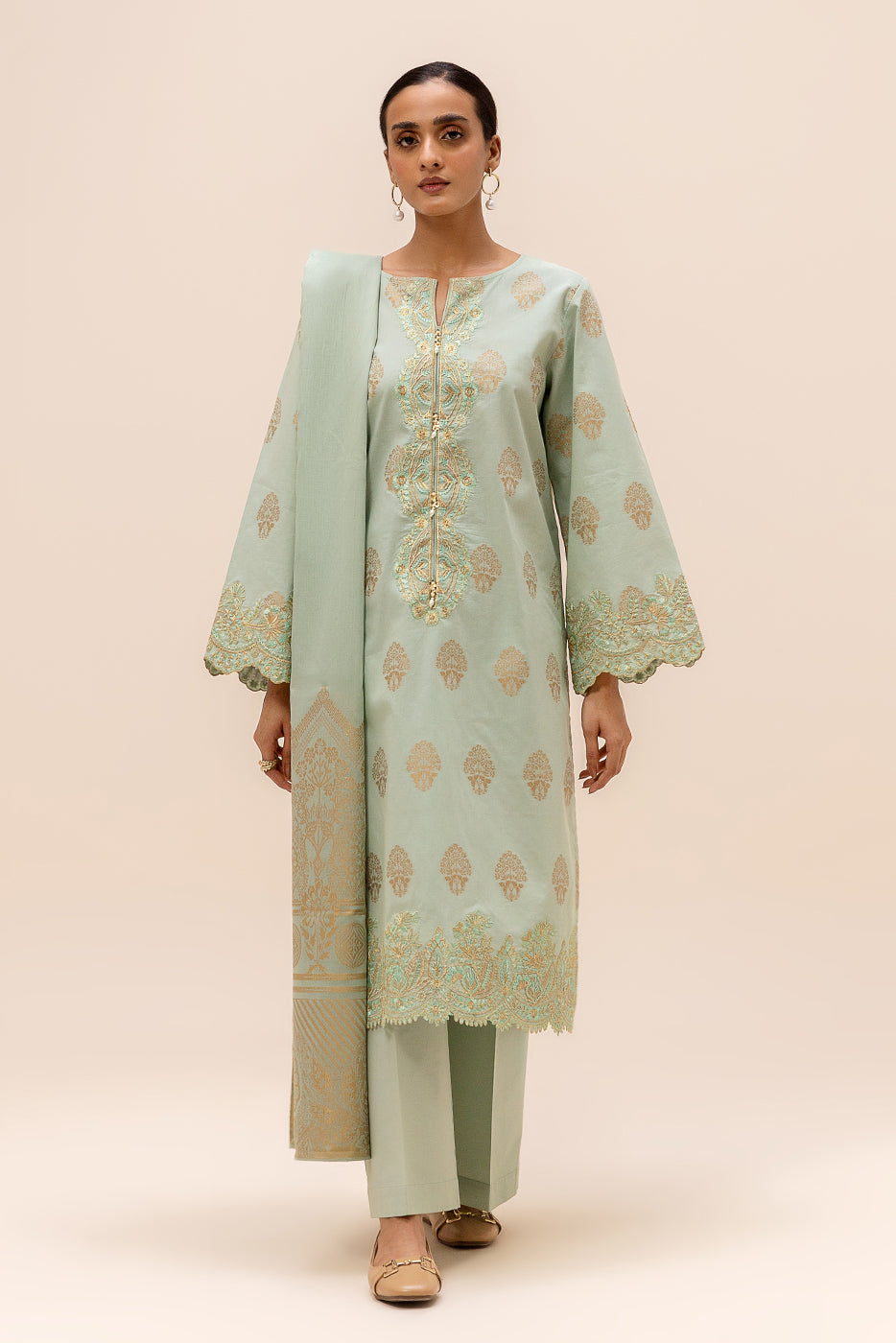 3 PIECE EMBROIDERED JACQUARD SUIT-LAUREL GOLD (UNSTITCHED)