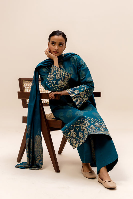 3 PIECE EMBROIDERED JACQUARD SUIT-MIDNIGHT LEAF (UNSTITCHED)