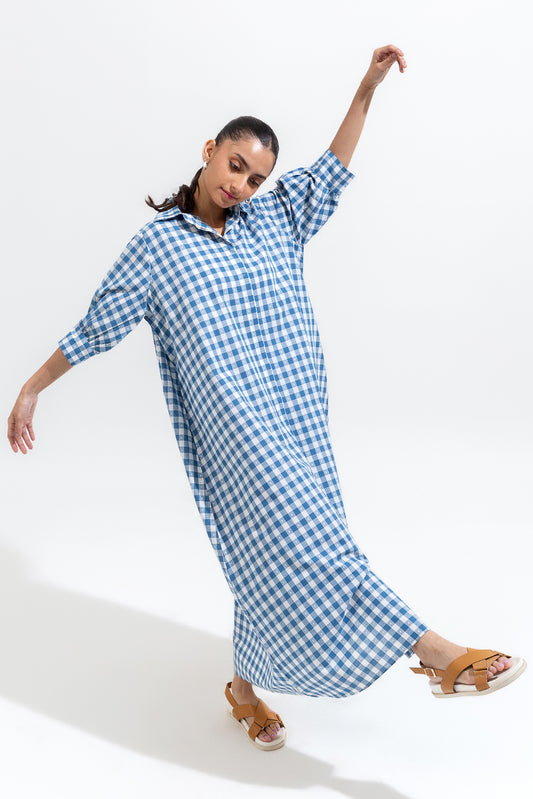 BLUE GINGHAM LONG A-LIGH DRESS