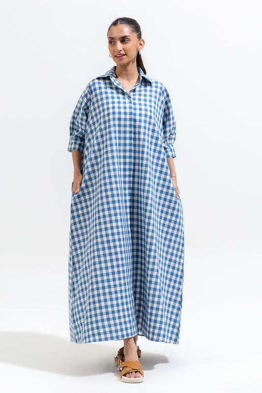 BLUE GINGHAM LONG A-LIGH DRESS