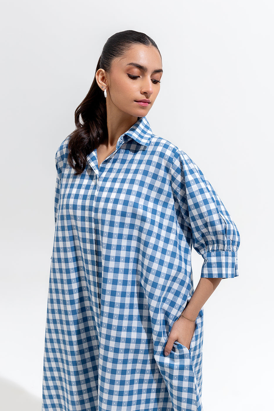 BLUE GINGHAM LONG A-LIGH DRESS