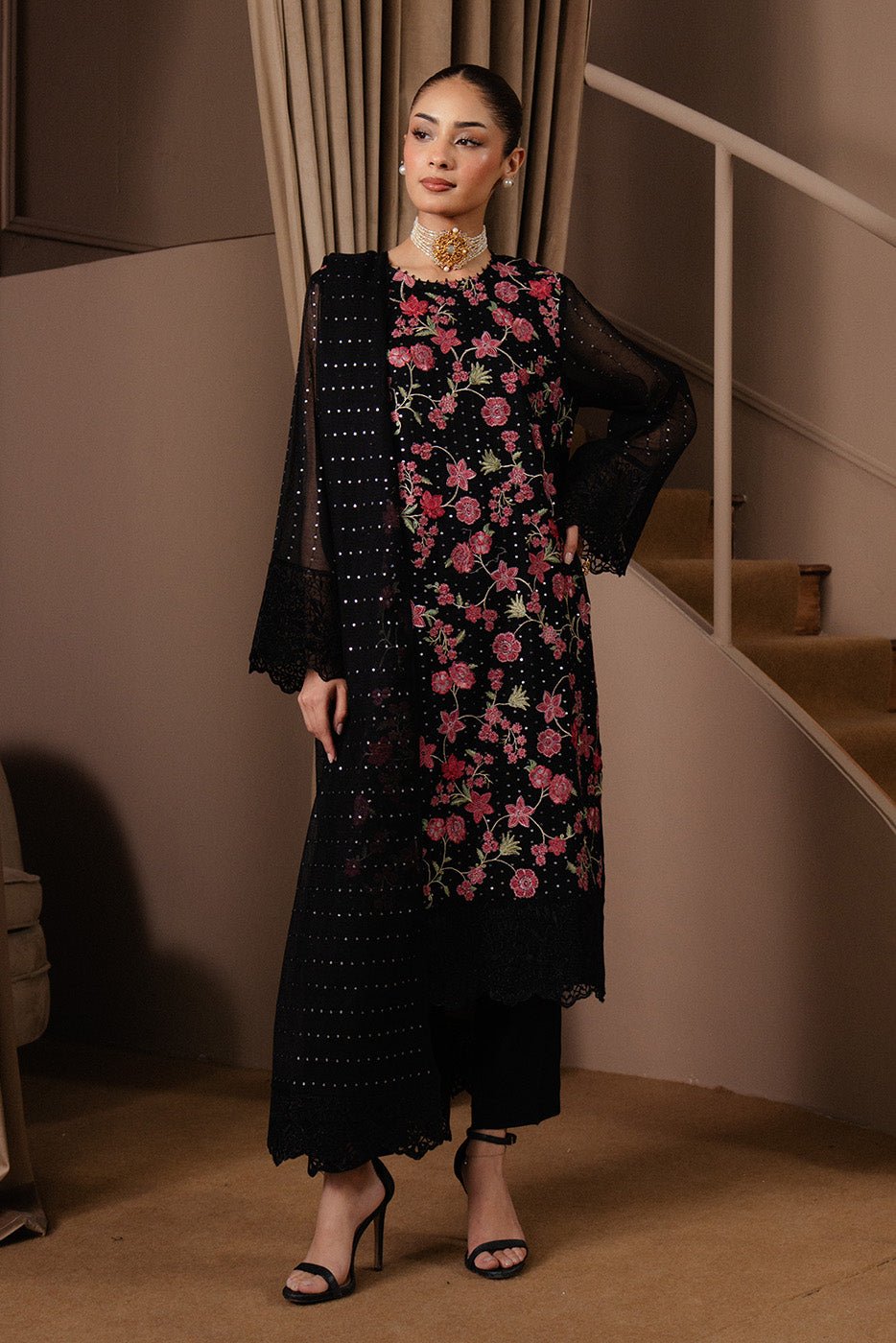 3 PIECE EMBROIDERED COTTON NET SUIT (LUXURY-PRET)