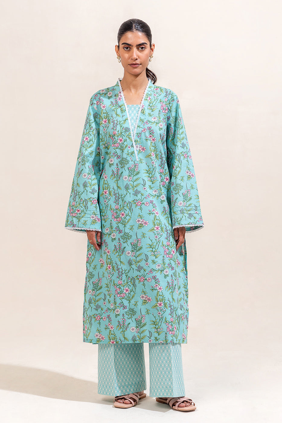 2 PIECE PRINTED LAWN SUIT-TURQOISE MOSS (UNSTITCHED)