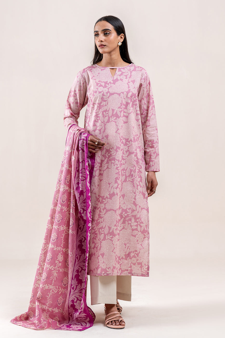 2 PIECE PRINTED LAWN SUIT-PINK QUARTZ (UNSTITCHED)