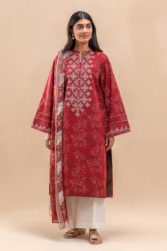 2 PIECE EMBROIDERED LAWN SUIT-CURRANT RED (UNSTITCHED)